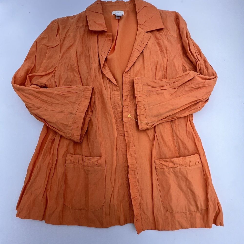 Chicos Orange Crinkle Jacket Open Front Size 2/L